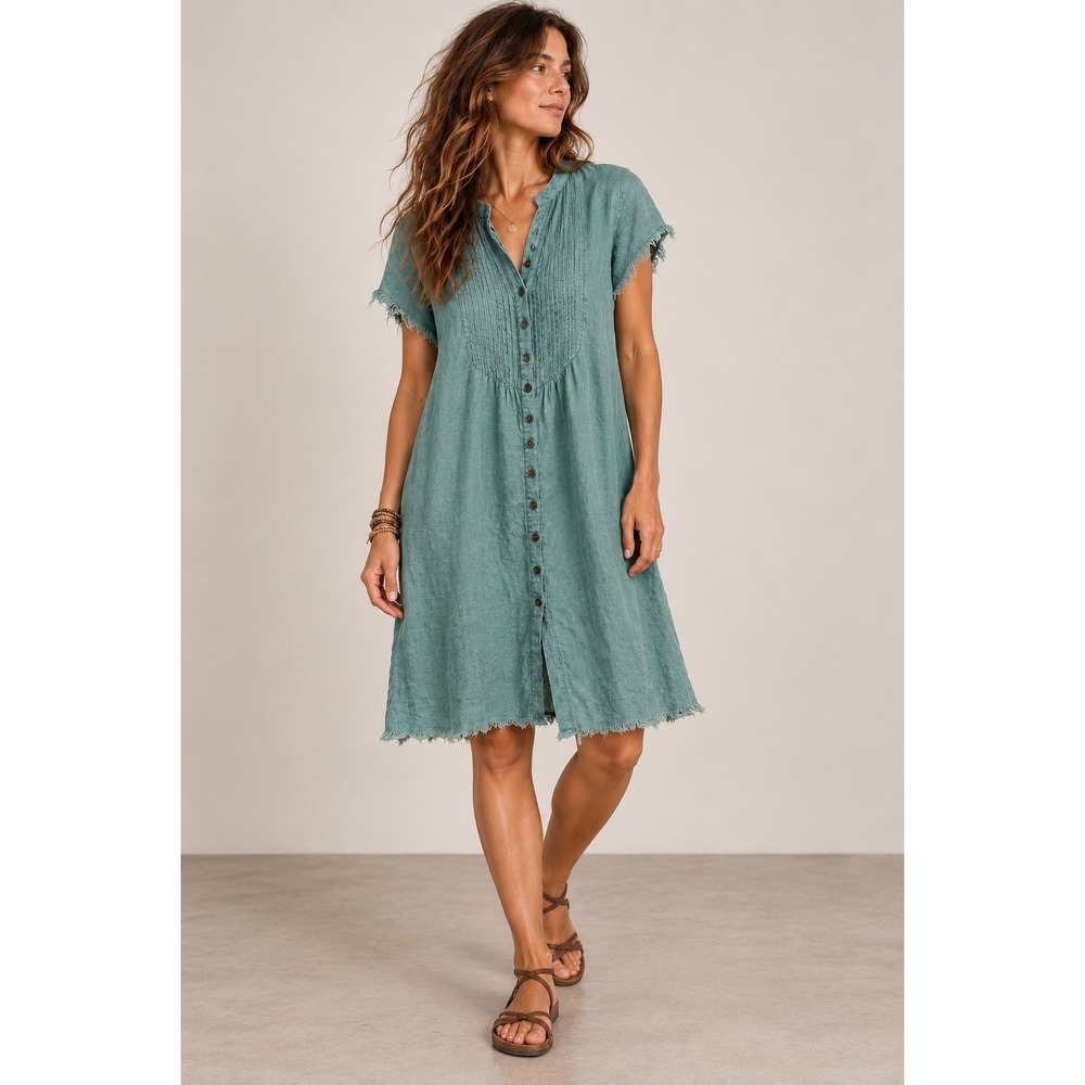 Jigsaw Women 14 Irish Linen Button Front Pintuck Midi Shirt Dress Teal Green
